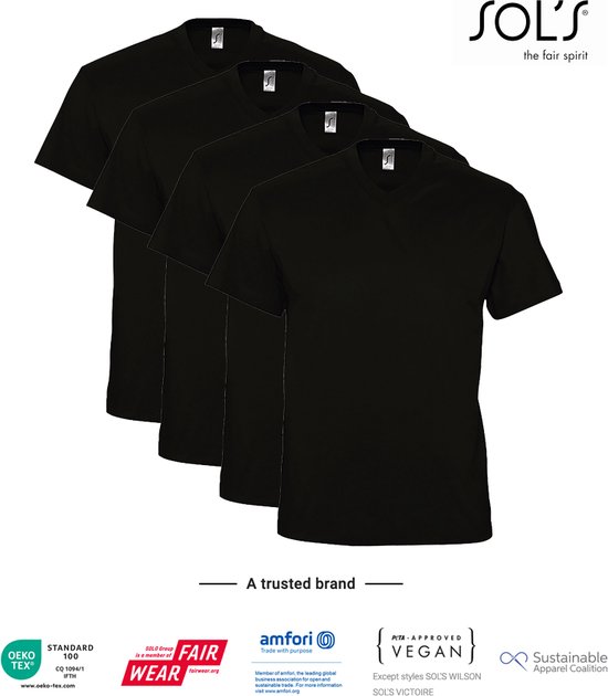 4 Pack SOLS V-hals, Heren T-Shirt 100% katoen V-hals, Zwart, Maat 3XL