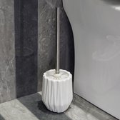 Toiletborstelset, wc-borstel en verticale strepen, keramische containers, staande toiletborstel met houder, wc-borstel en roestvrij staal, wit