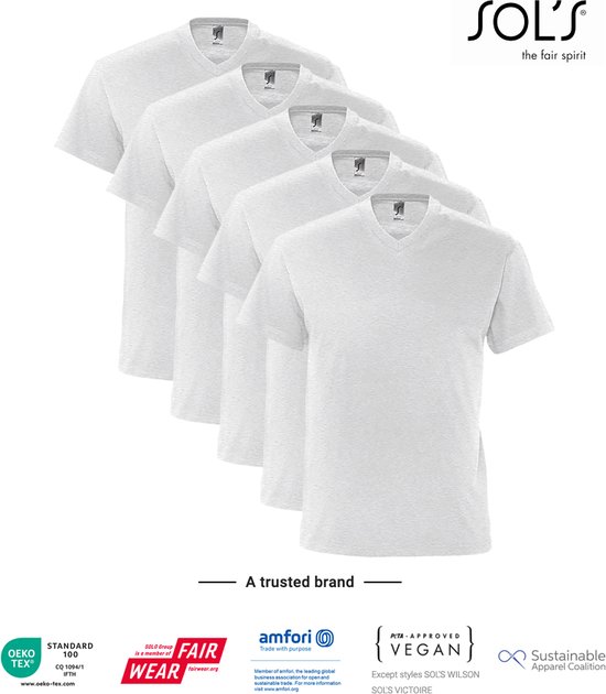 5 Pack SOLS V-hals, Heren T-Shirt 100% katoen V-hals, Licht Grijs gemeleerd Maat XL