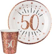 Verjaardag feest bekertjes en bordjes leeftijd - 20x - 50 jaar - rose goud - karton
