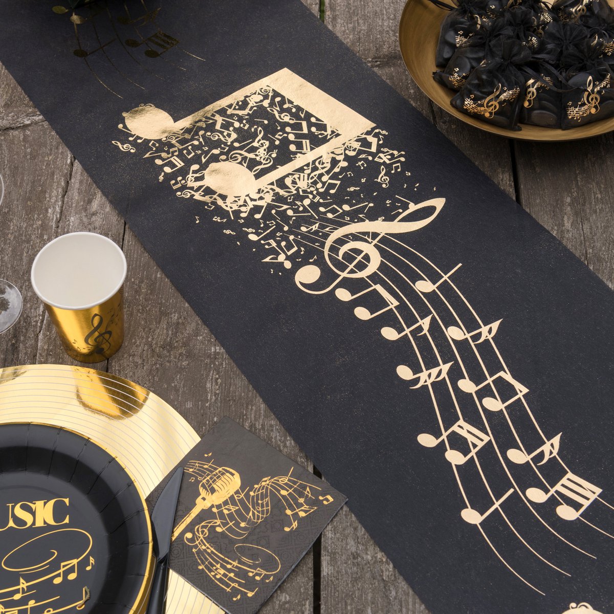 Muziek thema feest tafelkleed met tafelloper - op rol - zwart/wit - 10 m - non woven polyester
