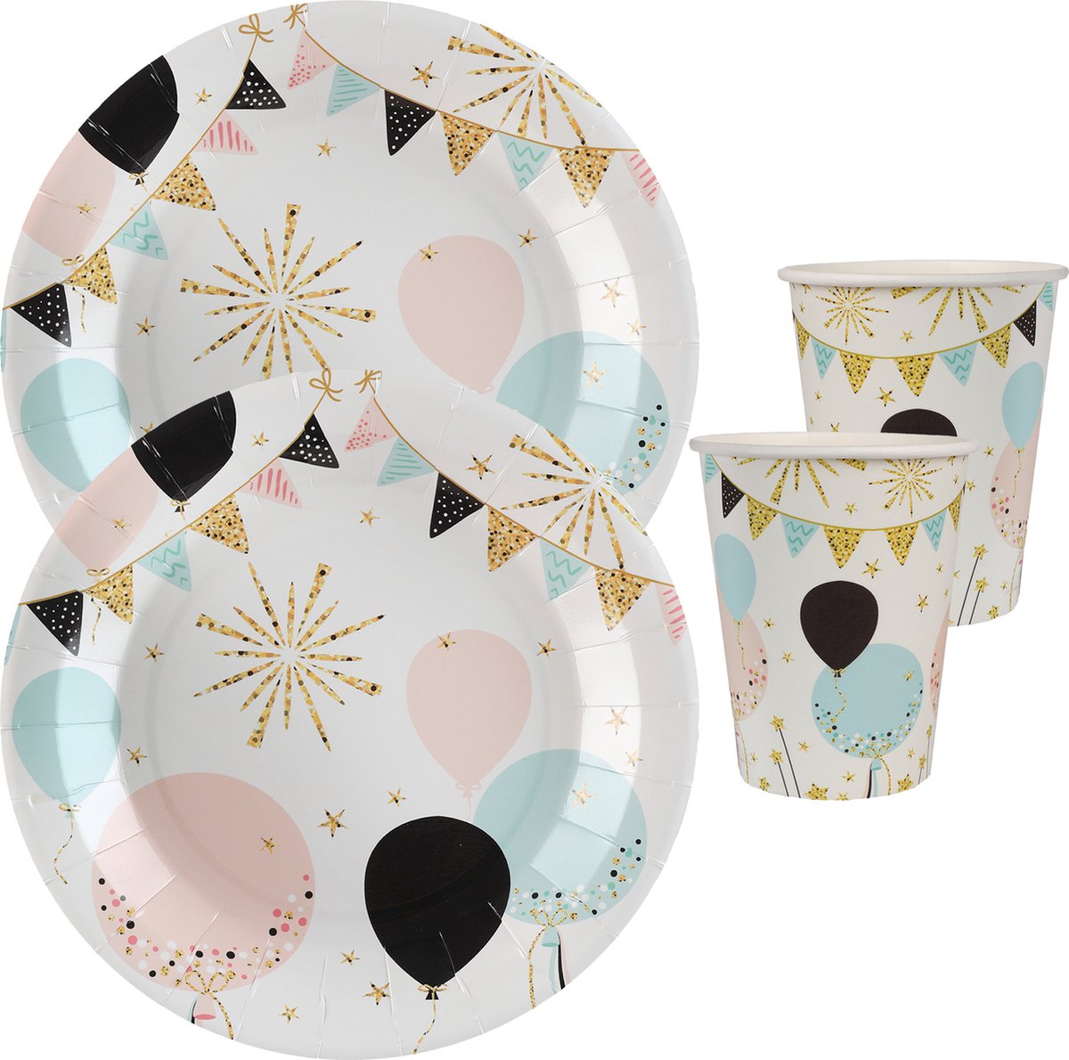 Feest wegwerp servies set - ballon - 10x bordjes / 10x bekers - wit/goud