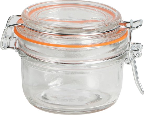 Pot de conservation en verre transparent de 170 ml avec anneau en caoutchouc orange et fermeture à levier en métal.
