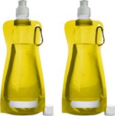 Waterfles/drinkfles/sportbidon opvouwbaar - 2x - geel - kunststof - 420 ml - schroefdop - karabijnhaak