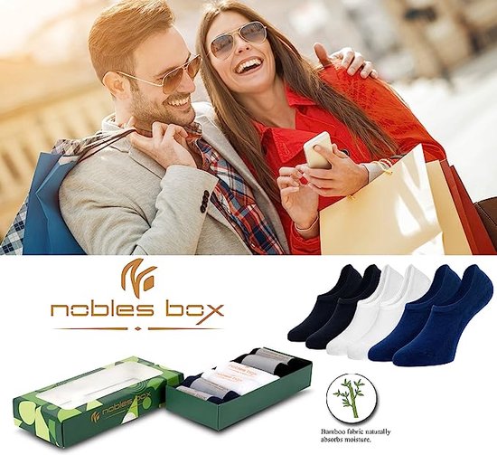 Nobles Box - No Show bamboo Sneaker Sokken - 6 paar - Wit/zwart/donkerblauw - Maat 39-42