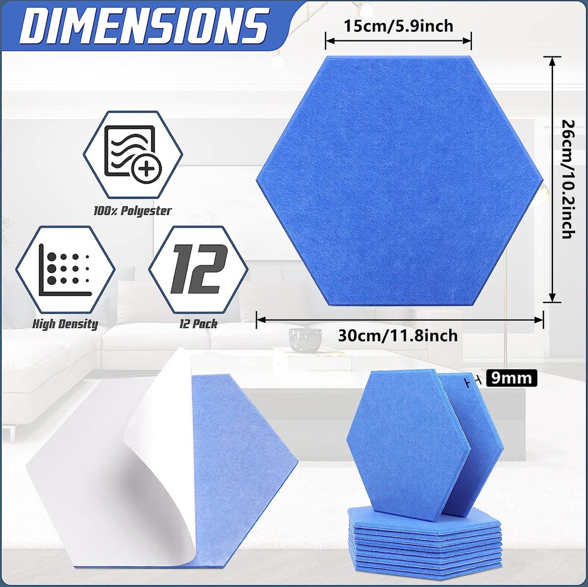 Feuilles Acoustiques Hexagonales, Auto-Adhésives, 30 x 26 x 0 cm, Isolation  Acoustique