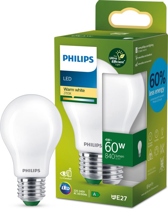 Philips Ampoule, 4 W, 60 W, E27, 840 lm, 50000 h, Blanc chaud