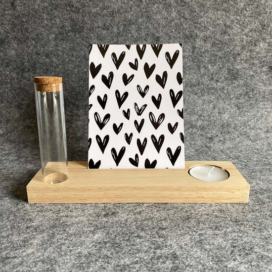 Kaarthouder | Gedenkplankje [21 cm] van hout met glazen buisje en waxinelichtje + Kaart 'Hartjes' inclusief envelop