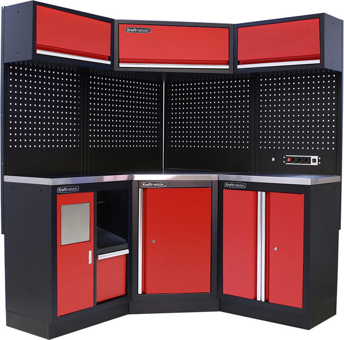 Kraftmeister werkplaatsinrichting - Werkbank met 3 wandkasten en RVS werkblad - Werktafel met 2 opbergkasten, 1 prullenbak en gereedschapswand - Complete set voor werkplaats of garage - Rood