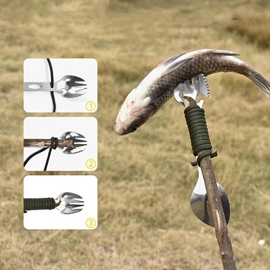 RVS Multifunctioneel bestek - lepel, vork, mes en flesopener set - alles in één bestek - multifunctionele tool voor outdoor - Handig voor op de camping en picknick van Obelink — afbeelding 3