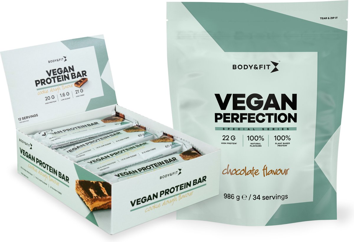 Goedkoopste Body & Fit Vegan Protein Bundel – Vegan Perfection Plantaardige Eiwitshake Chocolade 986 gram Vegan Proteïne Bar Cookie Dough - 12 Eiwitrepen