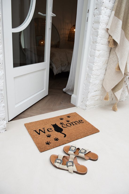 J-Line Paillasson coco avec motif de chat et inscription "Welcome", tapis de propreté pour l'extérieur de la porte d'entrée avec dessous en caoutchouc antidérapant, paillasson en coco comme décoration de porte et cadeau d'emménagement, 60 x 40 cm