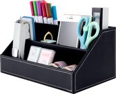 Bureau-organizer, leer, kantoor, multifunctionele pennenbox, pennenhouder, sorteerdoos met 5 vakken voor pennen, nietjes, pennen, ordnerclips, zelfklevende notities, kantoorbenodigdheden (zwart)