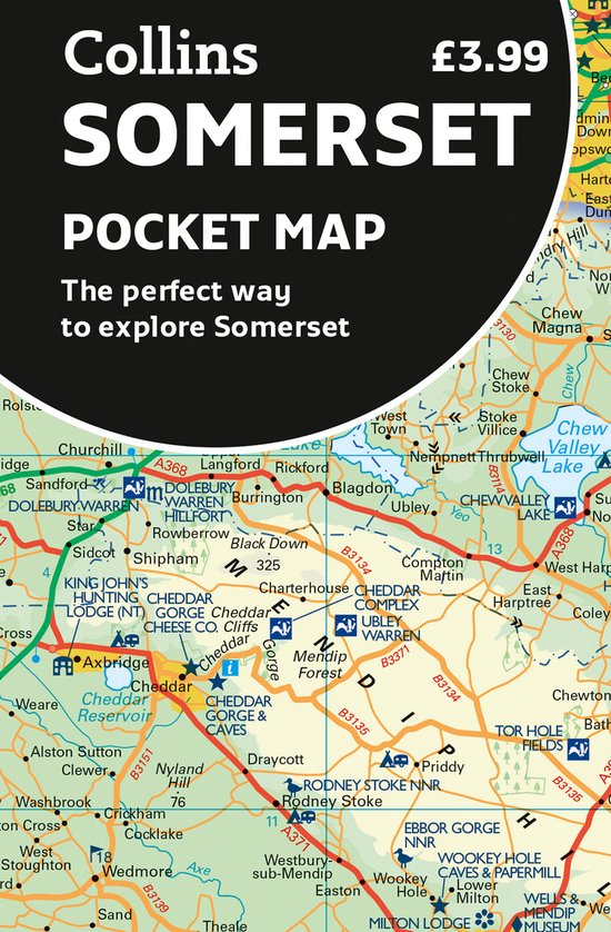 Collins Pocketkaart Somerset, £3.99. Een kaart van het platteland met wegen, plaatsnamen en bezienswaardigheden zoals Cheddar Gorge.