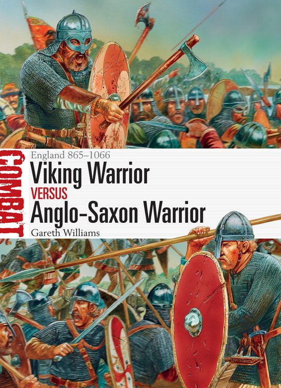 Boek 'Viking Warrior vs Anglo-Saxon Warrior'. Vikingen en Saksen in gevecht met helmen, kettinghemden en schilden.