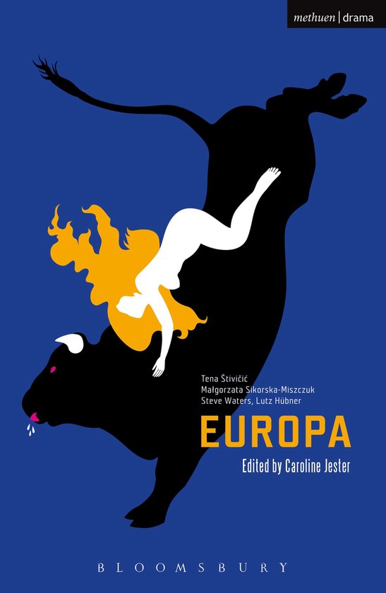 Een witte vrouw met oranje haar op een zwarte stier, met de titel EUROPA.