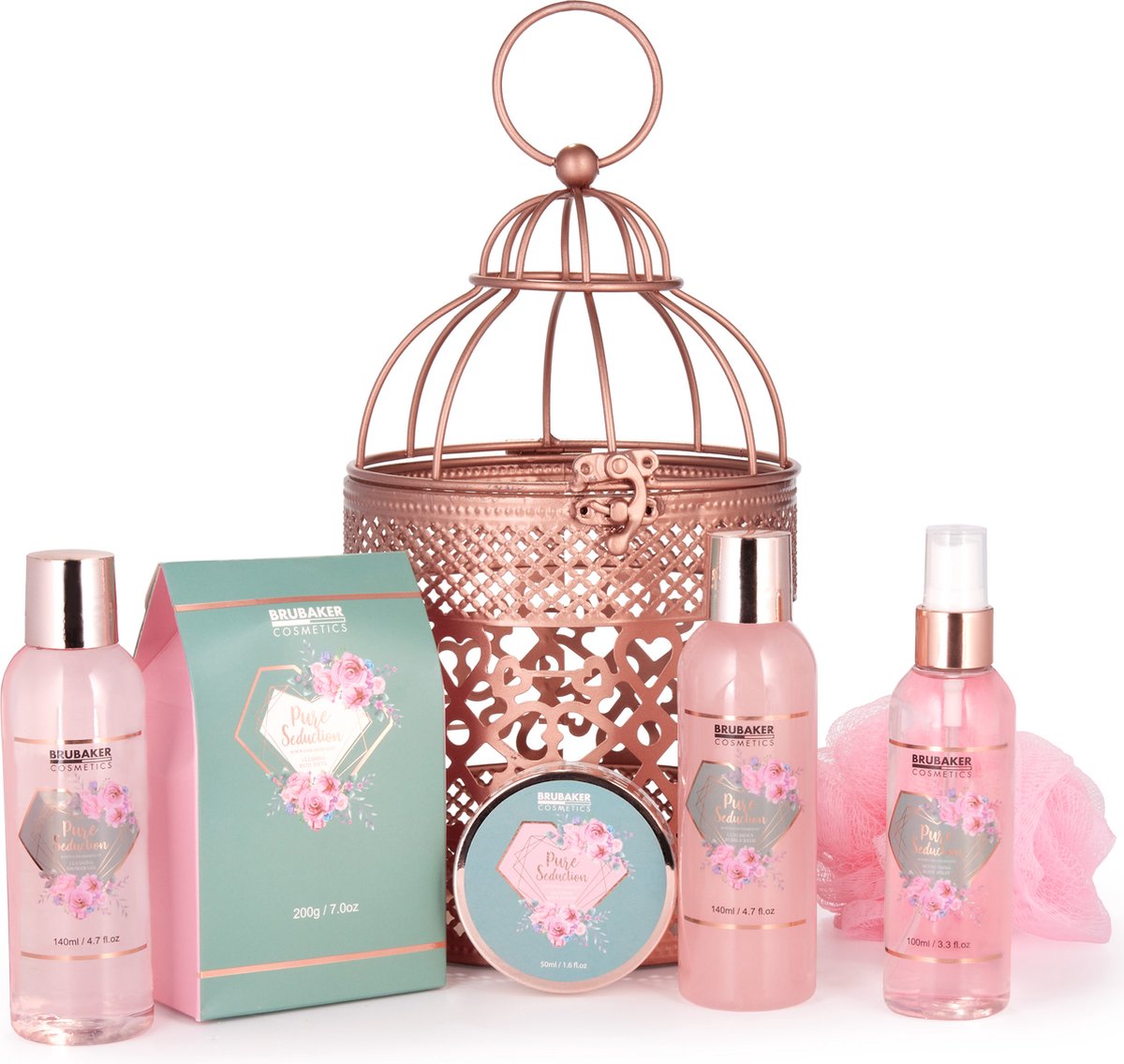 Goedkoopste BRUBAKER Cosmetics Bad en Body Set Rozenwater Champagne - Cadeautip Vrouw - Cadeau Idee - 7-delige Cadeauset in Oosterse Lantaarn - Decoratieve Hanging Basket Rose Gold