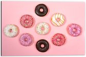 Dibond - Verschillende Smaken Donuts op Pastelroze Achtergrond - 60x40 cm Foto op Aluminium (Met Ophangsysteem)