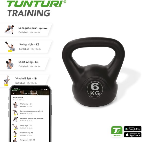 Tunturi PVC Kettle Bell - Kettlebell - 6 kg - Incl. gratis fitness app