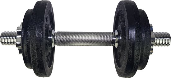 Zwarte dumbbell met chromen halterstang en schroefsluiting.
