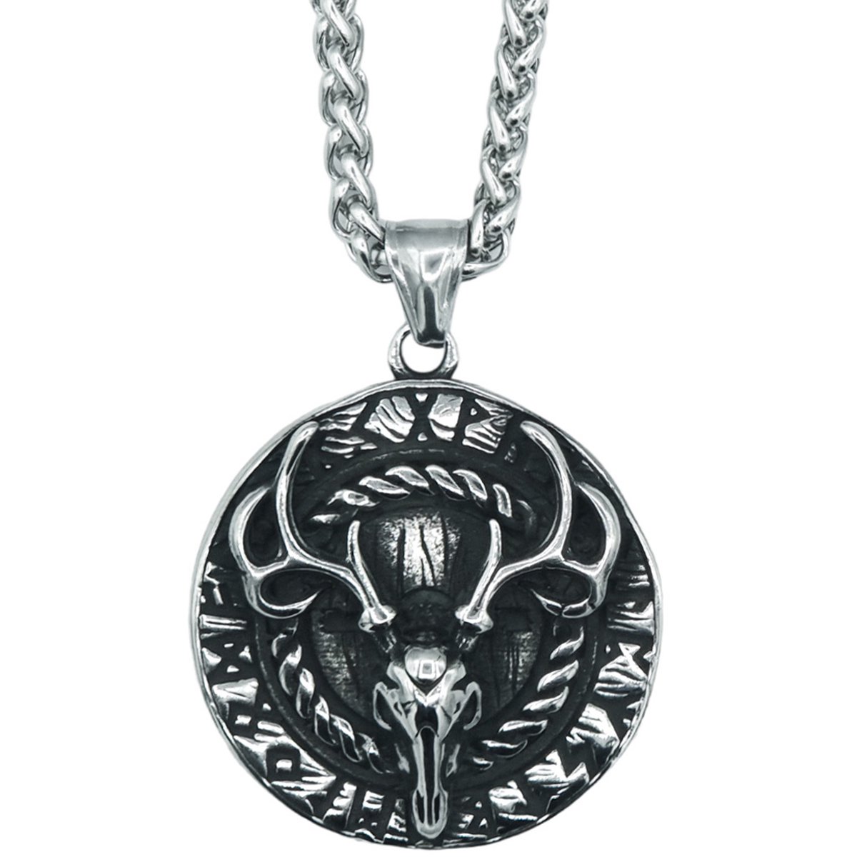 Tesoro Mio Michel - Viking Ketting Schild Met Schedel Hert & Runen – Edelstaal - L 60 cm, B 4 mm - Hanger 4 x 3.6 cm