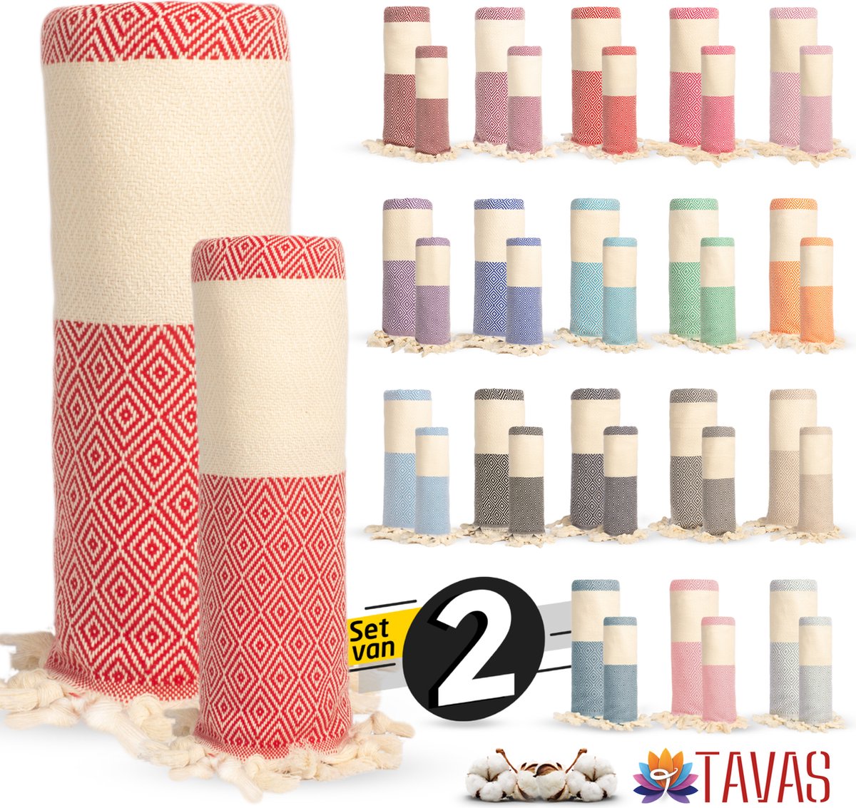 Rome Set van 2 | Hamamdoek 100x180 cm en Handdoek 50x90 cm 100% Katoen Spa Backpack Sauna Strandlaken Rood