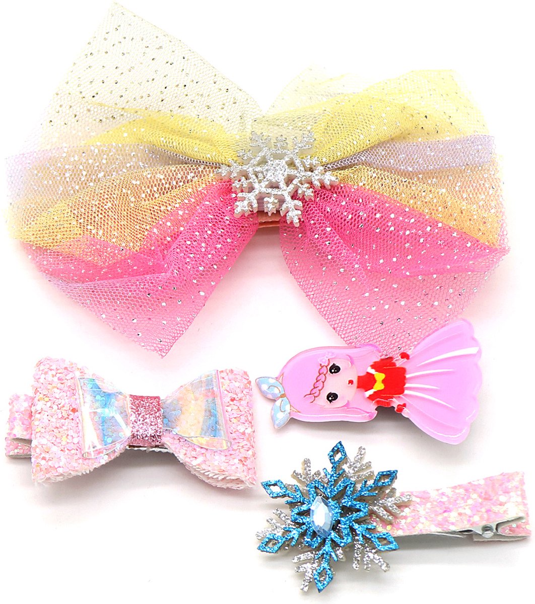 Haarspeldjes prinses - Set van 4 - Roze, geel, glitter - Prinses, strikjes en sneeuwvlok - Damesdingetjes