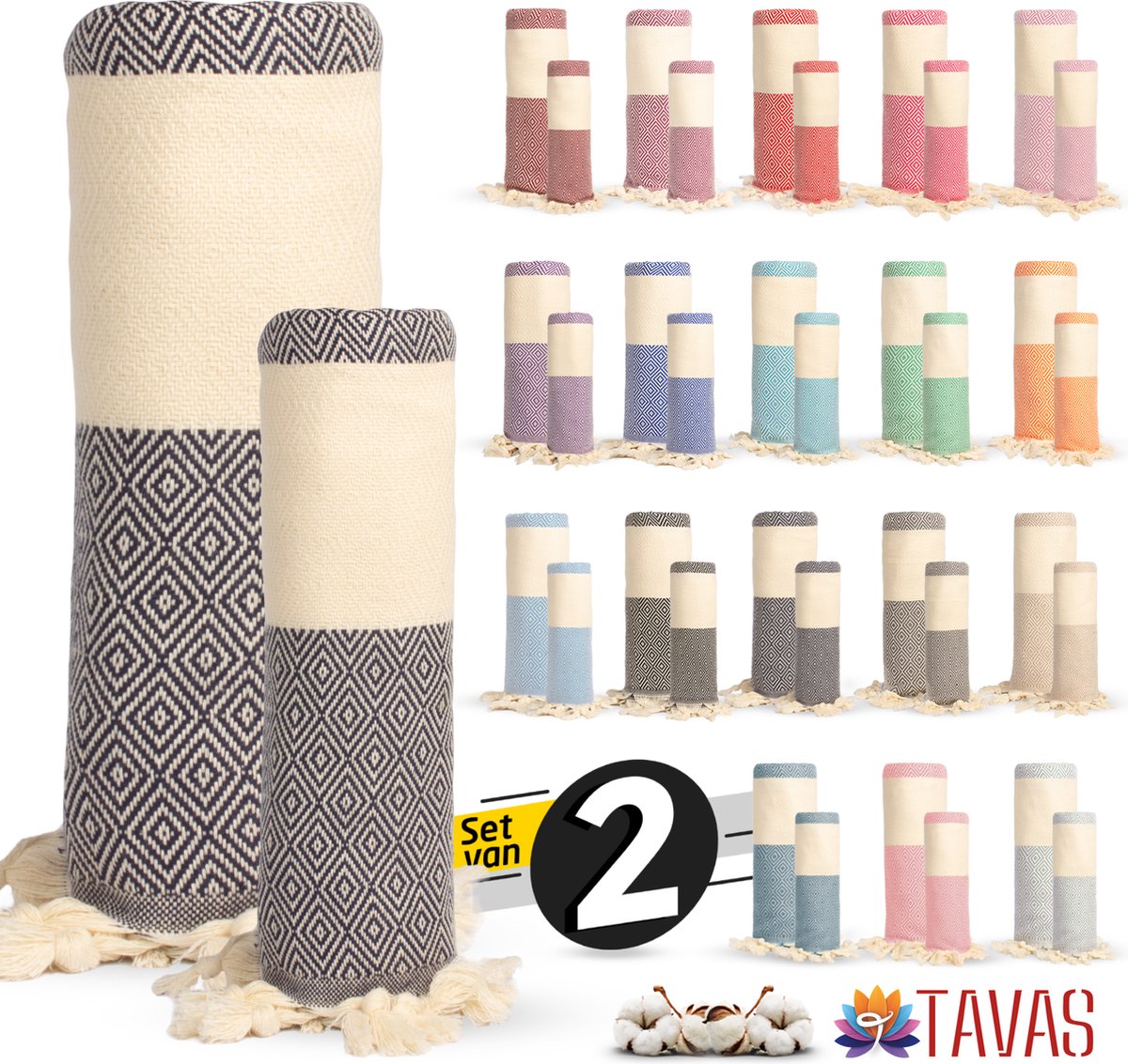 Rome Set van 2 | Hamamdoek 100x180 cm en Handdoek 50x90 cm 100% Katoen Spa Backpack Sauna Strandlaken Marineblauw