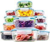 Set Glazen Voedselopslagcontainers - 24 Stuks (12 Containers met 12 vergrendelbare deksels) – Microgolfoven- en Diepvriesbestendig - Lekvrij, BPA vrij - FDA & FSC Goedgekeurd