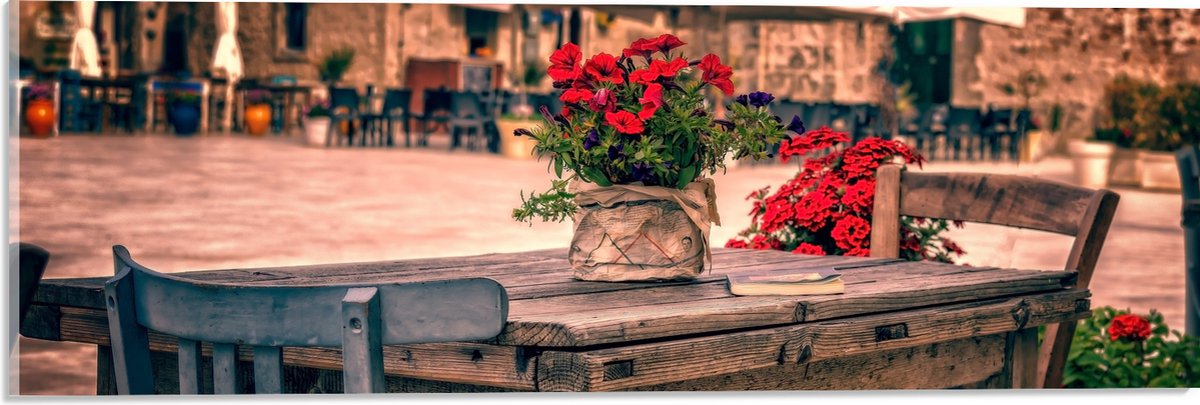 Acrylglas - Tafel - Pleintje - Bloemen - Stoelen - Parasol - Kleuren - 60x20 cm Foto op Ac
