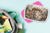 Broodtrommel Roze - Lunchbox - Brooddoos - Leeuw - Wilde dieren - Planten - Natuur - Bloemen - 18x12x6 cm - Kinderen - Meisje