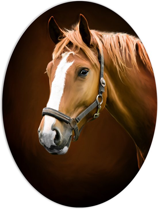 PVC Schuimplaat Ovaal - Kop en Hals van Bruin Paard met Witte Bles - 60x80 cm Foto op Ovaal (Met Ophangsysteem)