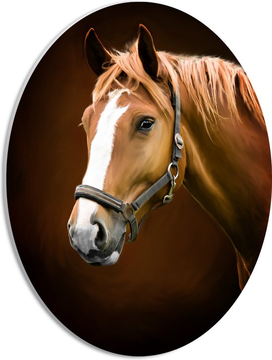 PVC Schuimplaat Ovaal - Kop en Hals van Bruin Paard met Witte Bles - 30x40 cm Foto op Ovaal (Met Ophangsysteem)