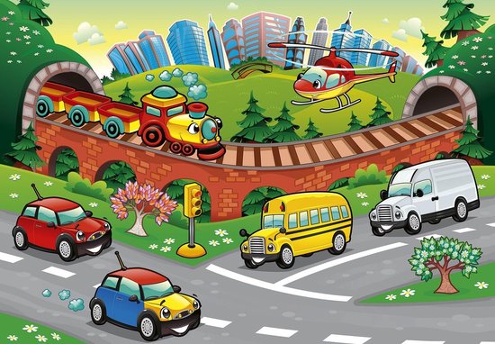 Vrolijke illustratie van voertuigen, inclusief een trein, helikopter, bus, auto's en een busje, tegen een stadslandschap.