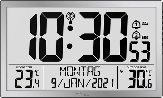 Technoline WS 8113 - Horloge murale - Numérique - Rectangle - Affichage de l'heure radio-pilotée et manuel - 12/24 - Affichage de la date - 7 langues - Température intérieure et extérieure - 2 alarmes - Snooze - Plastique - Chiffres - Couleur argent