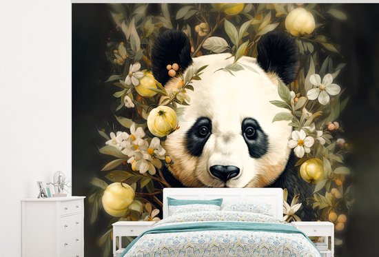 Behang - Fotobehang Panda - Pandabeer - Wilde dieren - Natuur - Bloemen - Breedte 375 cm x hoogte 300 cm