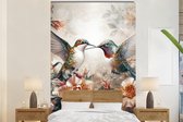 Behang - Fotobehang Kolibrie - Vogels - Bloemen - Natuur - Breedte 145 cm x hoogte 220 cm