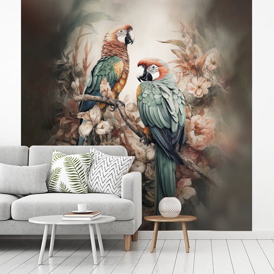 Behang - Fotobehang Papegaaien - Vogels - Natuur - Bloemen - Breedte 350 cm x hoogte 350 cm