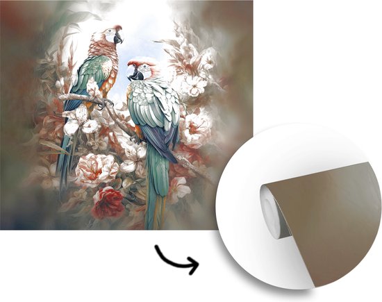 Behang - Fotobehang Papegaaien - Vogels - Natuur - Bloemen - Breedte 350 cm x hoogte 350 cm