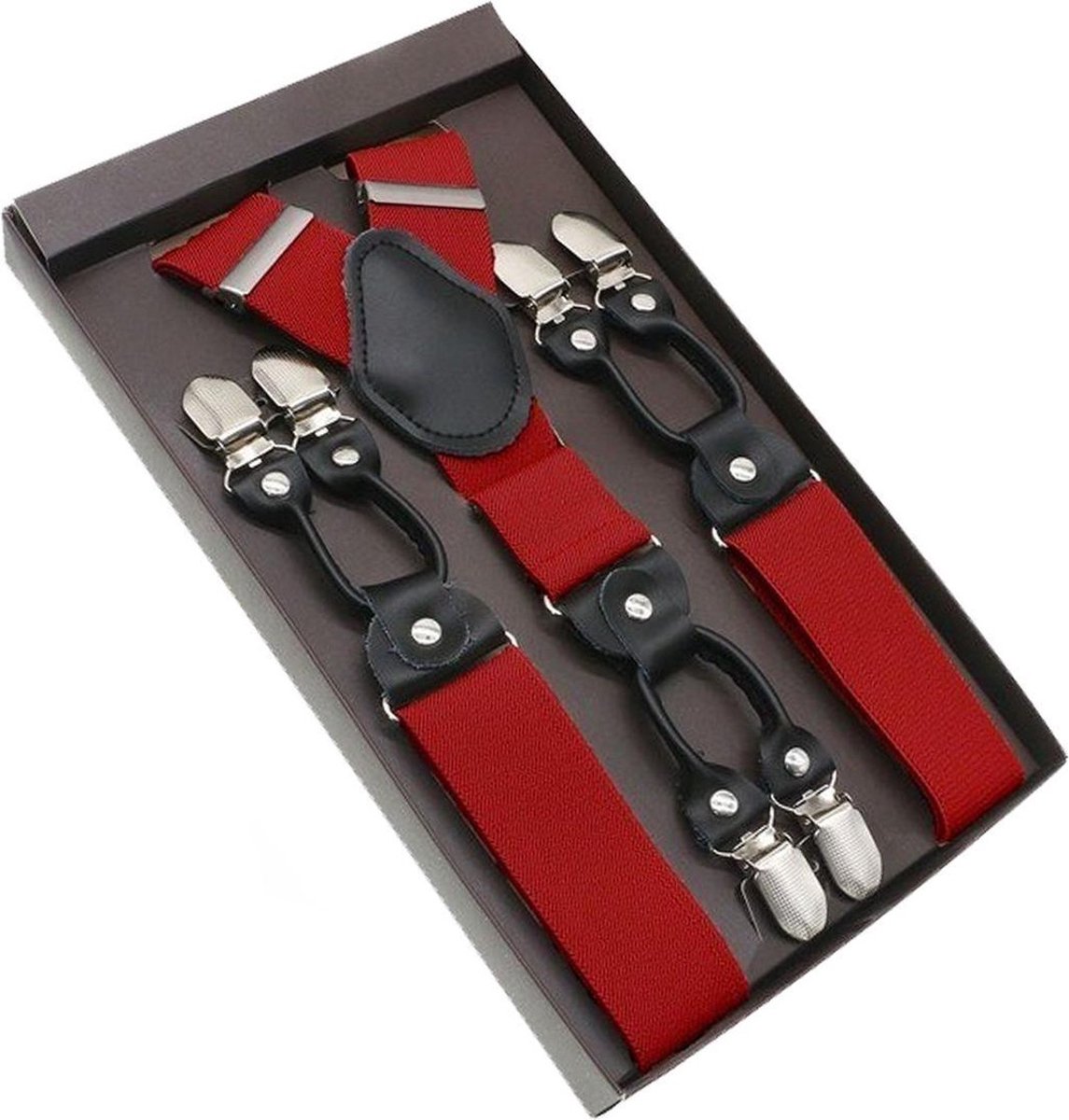 Luxe chique – heren bretels – rood effen - 6 extra stevige clips – zwart leer