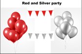Red and Silver party set - 2x vlaggenlijn rood en zilver - 100x Luxe Ballonnen rood/zilver - Festival thema feest party verjaardag gala jubileum