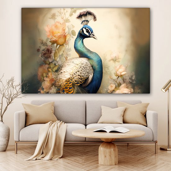 Tableau sur toile Paon - Plumes de paon - Fleurs - Vogels - Botanique - 180x120 cm - Décoration murale XXL