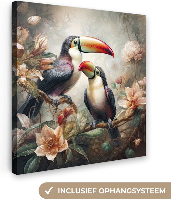 Canvas Schilderij Toekan - Vogels - Bloemen - Jungle - 20x20 cm - Wanddecoratie