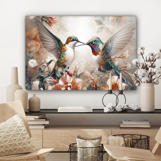 Tableau sur toile Colibri - Vogels - Fleurs - Nature - 90x60 cm - Décoration murale