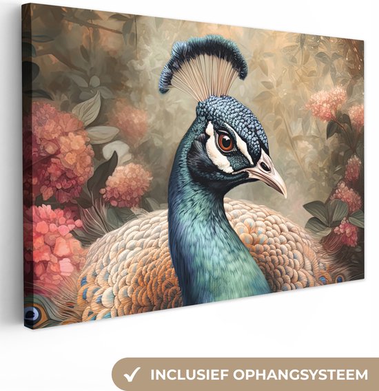 Tableau sur toile Paon - Vogel - Fleurs - Plantes - Plumes de paon - 180x120 cm - Décoration murale XXL