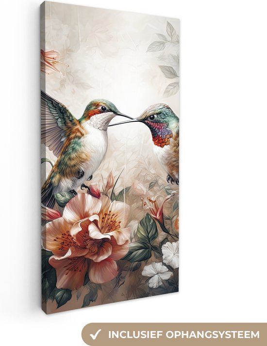 Canvas Schilderij Kolibrie - Vogels - Bloemen - Natuur - 20x40 cm - Wanddecoratie