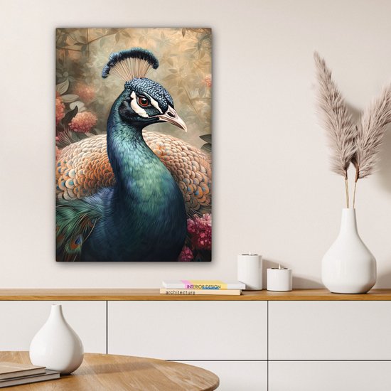 Tableau sur toile Paon - Vogel - Fleurs - Plantes - Plumes de Paon - 60x90 cm - Décoration murale