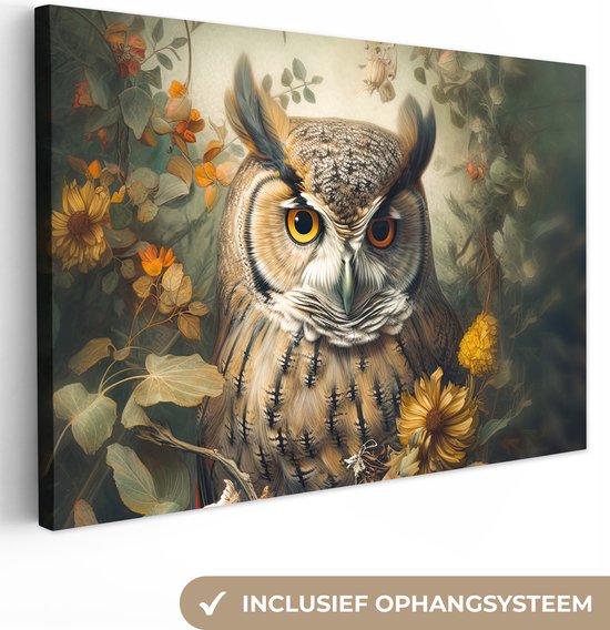 Canvas Schilderij Uil - Vogels - Bloemen - Natuur - 120x80 cm - Wanddecoratie