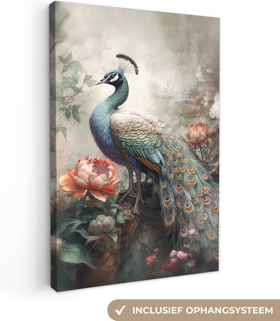 Canvas schilderij 60x90 cm - Pauw vogel - Kamer decoratie accessoires jungle - Schilderijen woonkamer bloemen - Wanddecoratie vogels slaapkamer - Muurdecoratie keuken - Wanddoek interieur binnen - Woondecoratie huis