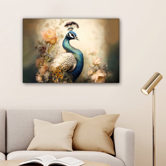 Tableau sur toile Paon - Plumes de paon - Fleurs - Vogels - Botanique - 60x40 cm - Décoration murale